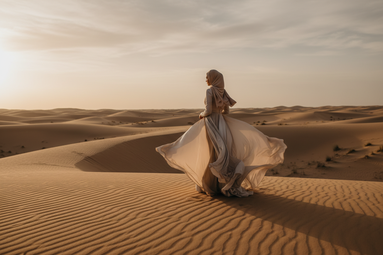 hijabi girl in dessert in gown nuetral colors without her face showing 